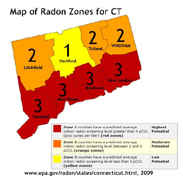 Map of radon levels in CT